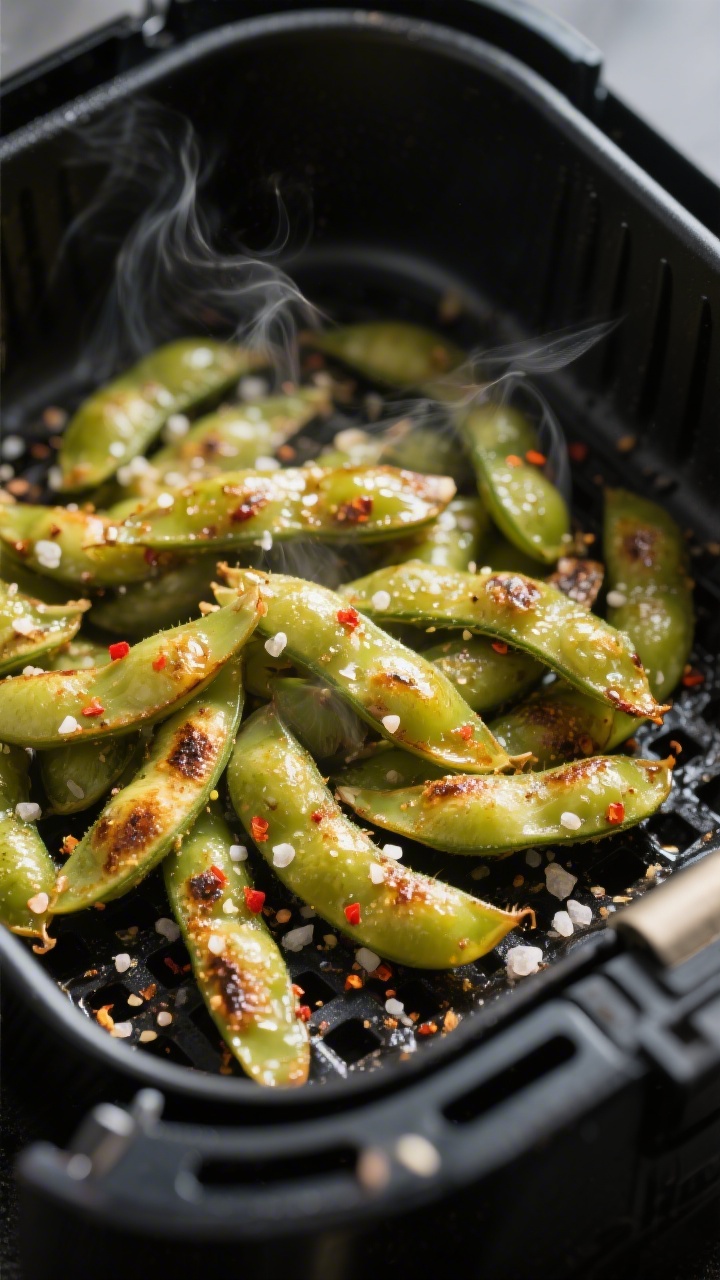 Cooking process, close-up: Air-fried edamame pods sizzling mid-cook in an open air fryer basket at 3