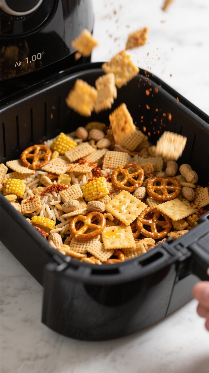 Cooking process close-up: Air fryer basket at 300°F with a single, even layer of golden Chex Mix mi