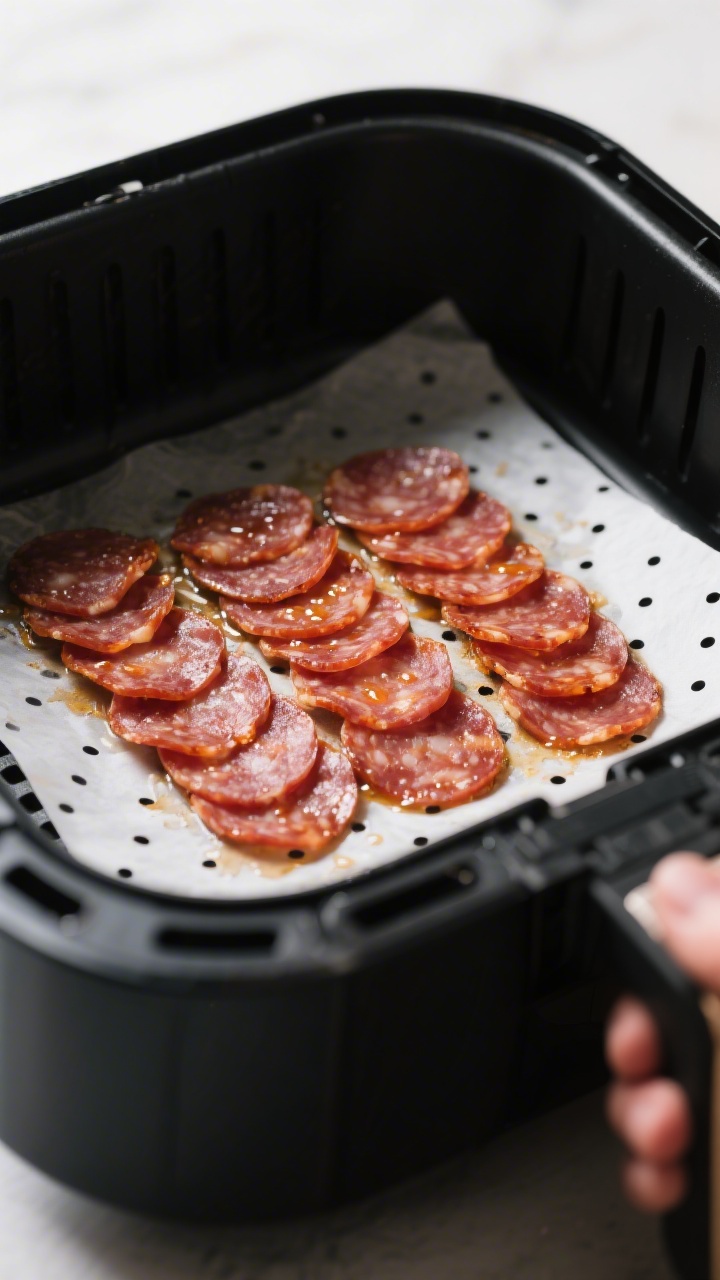 Cooking process close-up: Air fryer basket at 350°F with a single, neatly spaced layer of thin sala