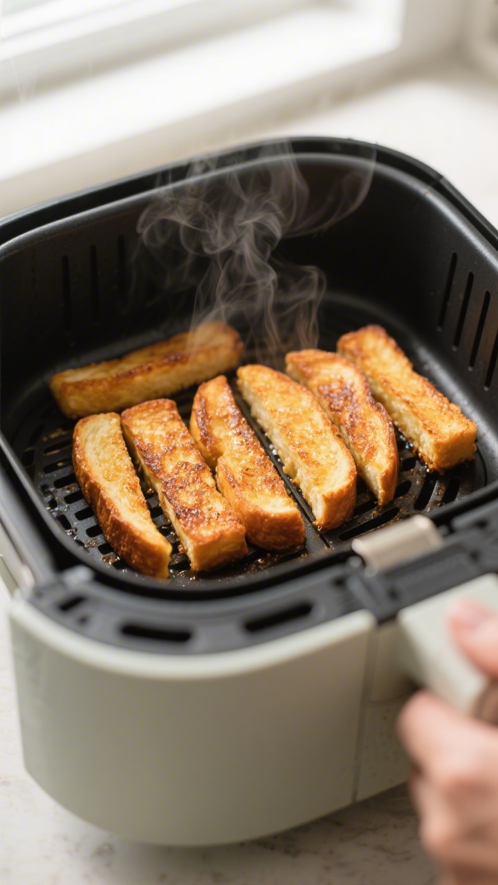 Cooking process close-up: Air fryer basket with a single layer of golden-browning French toast stick