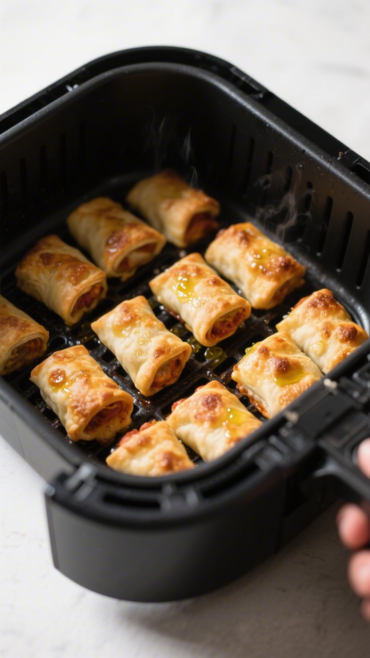 Cooking process close-up: Air fryer basket with a single layer of golden, puffed pizza rolls mid-coo