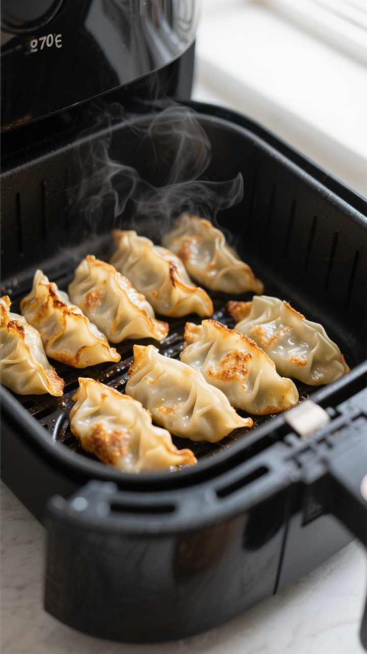 Cooking process close-up: Air fryer basket with a single, spaced layer of golden-browning frozen pot