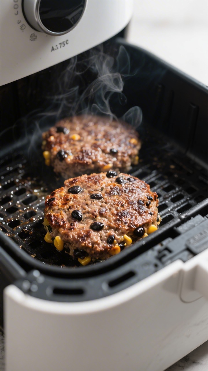 Cooking process close-up: Air fryer basket with two frozen black bean burger patties sizzling mid-co