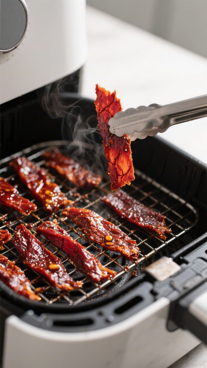 Cooking process close-up: Air fryer BBQ chicken jerky strips mid-dry on a wire rack insert in the ai