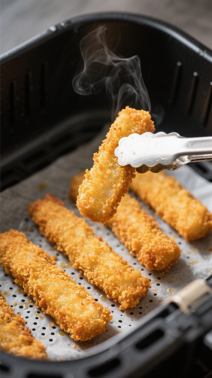 Cooking process, close-up detail: A tight macro shot of golden-breading texture as fish sticks crisp