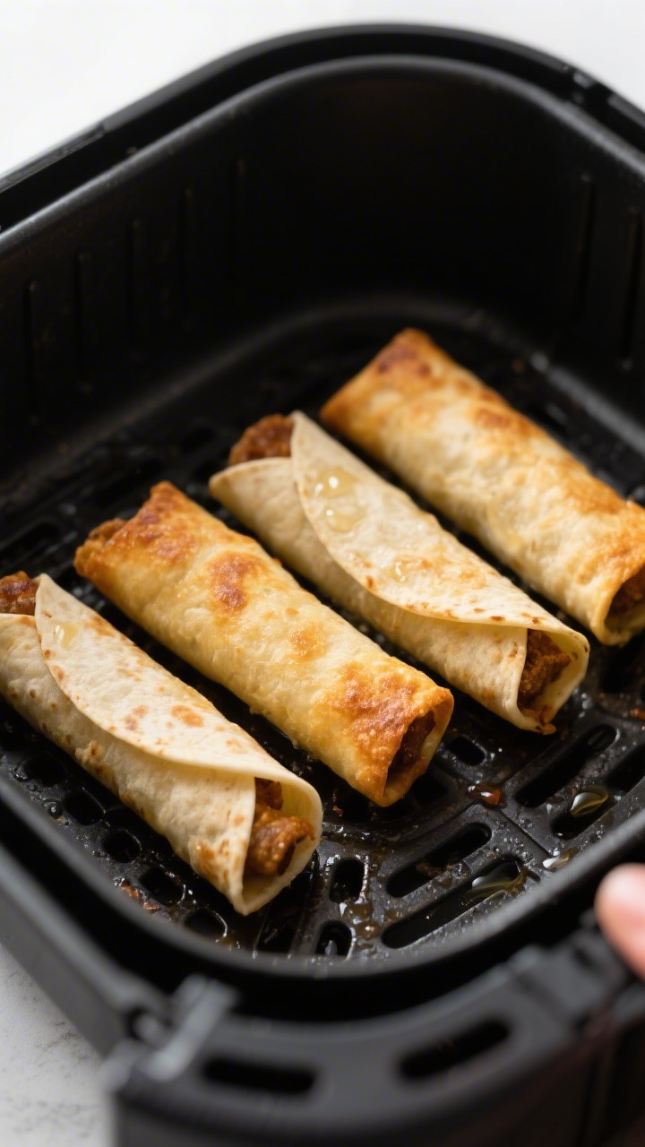 Cooking process, close-up detail: Air fryer basket with a single layer of golden-browning frozen taq