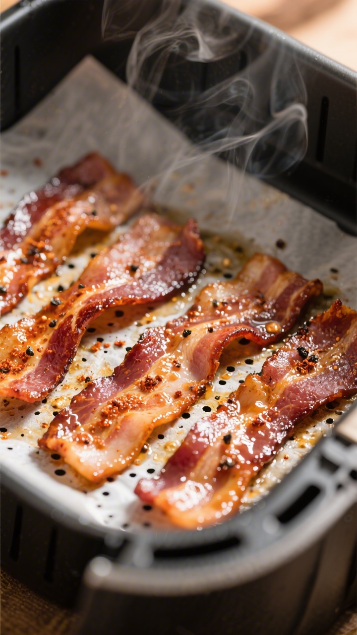 Cooking process, close-up detail: Close-up of glossy, marinated bacon strips in an air fryer basket