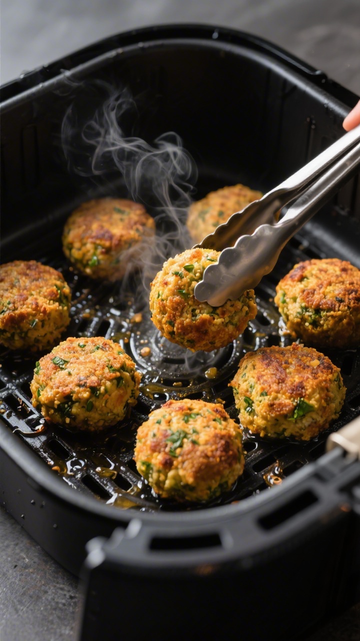 Cooking process close-up: Golden-brown frozen falafel crisping in an air fryer basket at 375°F, arr