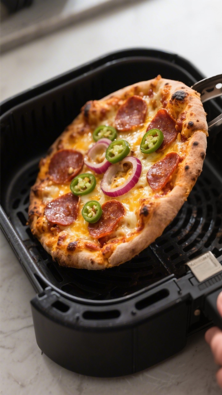Cooking process close-up: Personal-size frozen pepperoni pizza air frying at 380°F inside a clean b