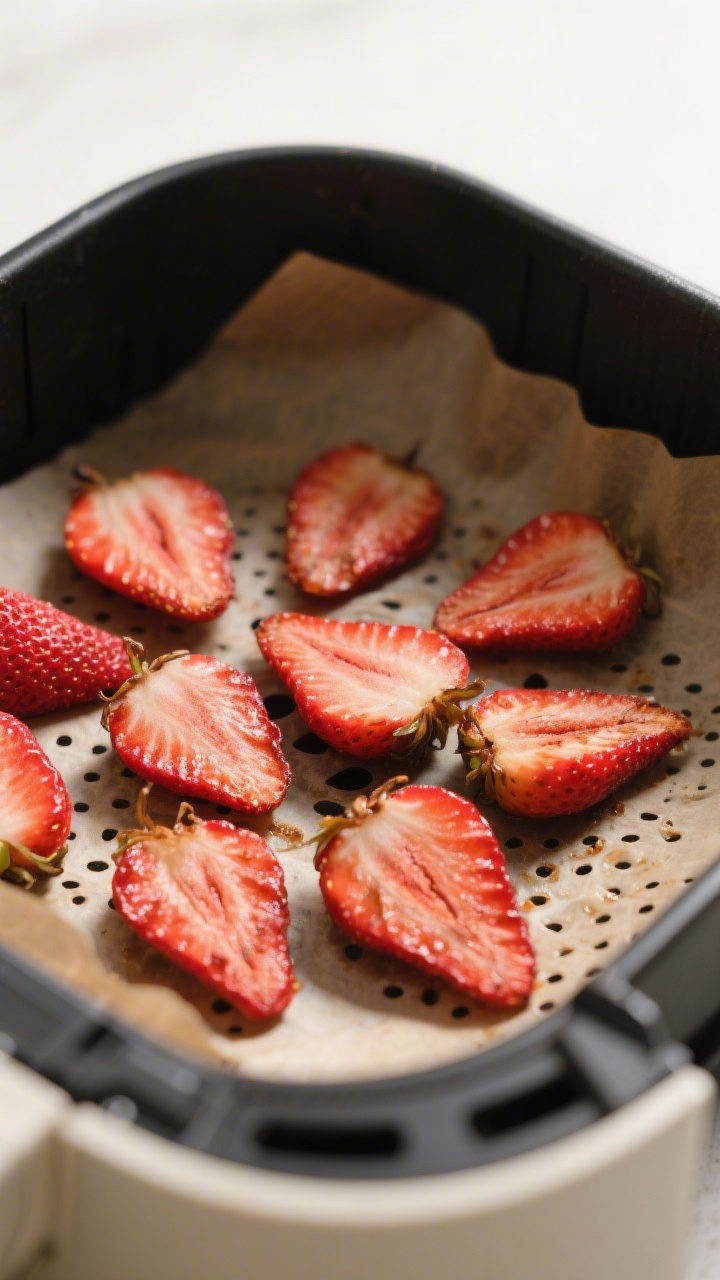 Cooking process close-up: Thin strawberry slices mid-dry in an air fryer basket lined with perforate