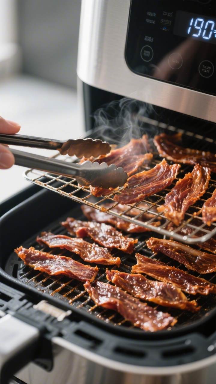 Cooking process: Duck jerky strips arranged in a single layer on air fryer racks, evenly spaced with