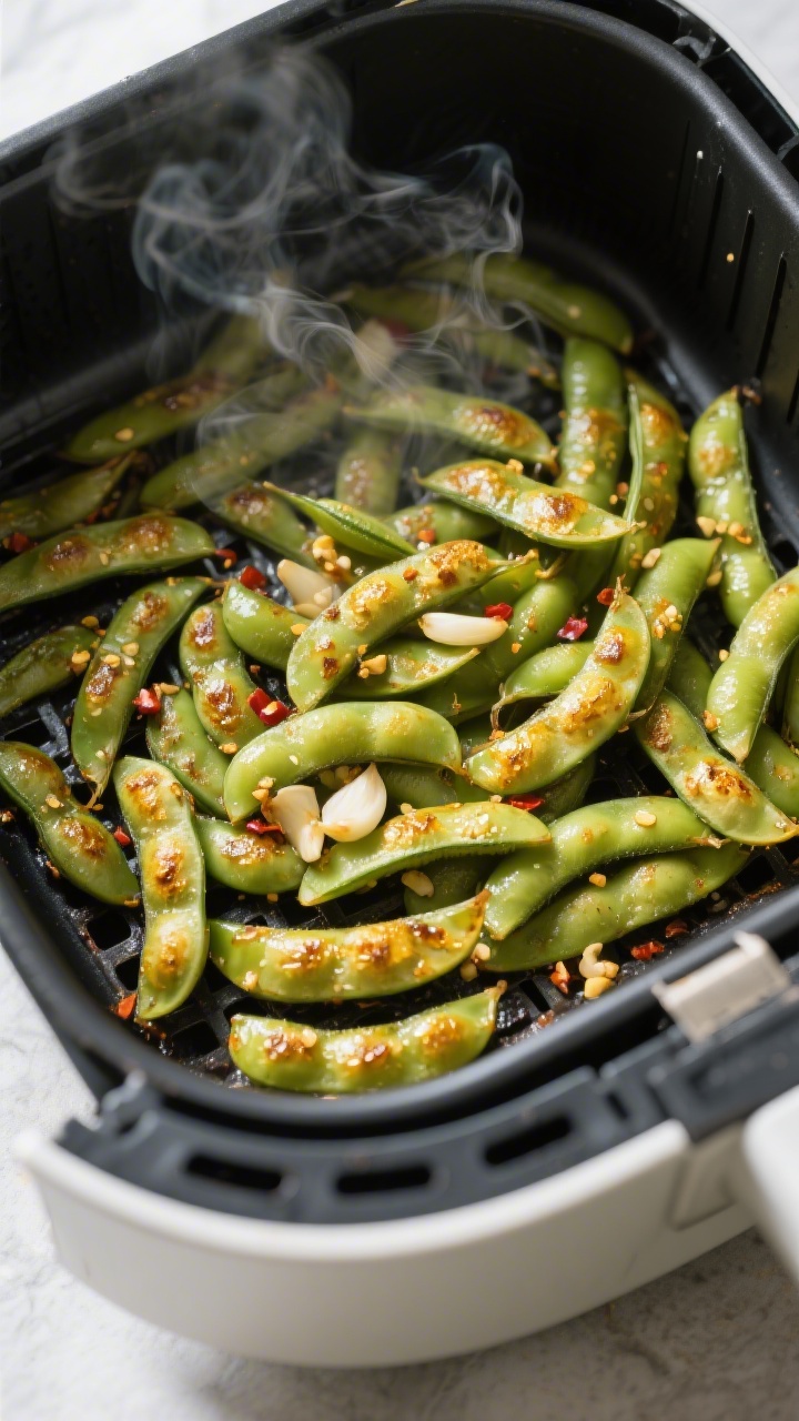 Cooking process: Edamame in pods spread in a single layer inside an air fryer basket mid-cook, with