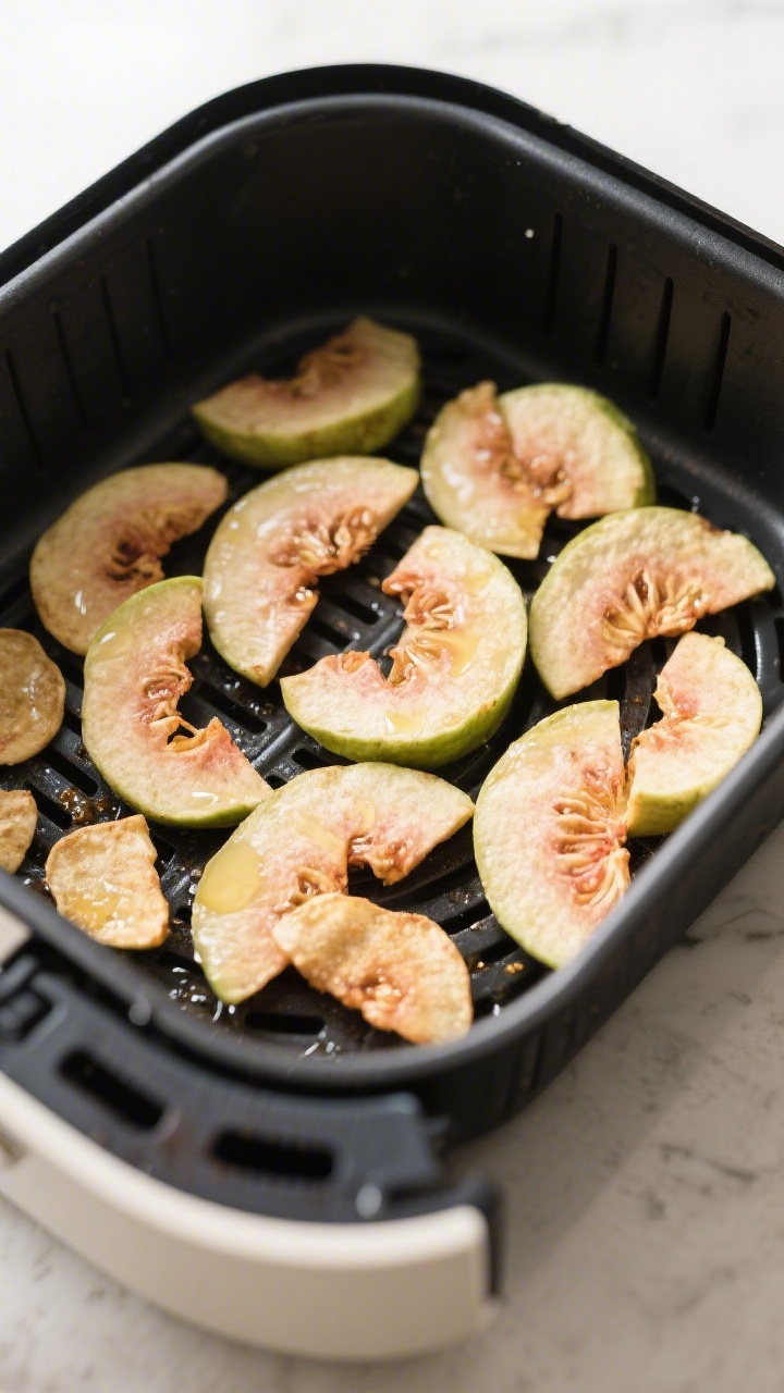 Cooking process: Guava chips in a single, non-overlapping layer inside an air fryer basket at 275°F