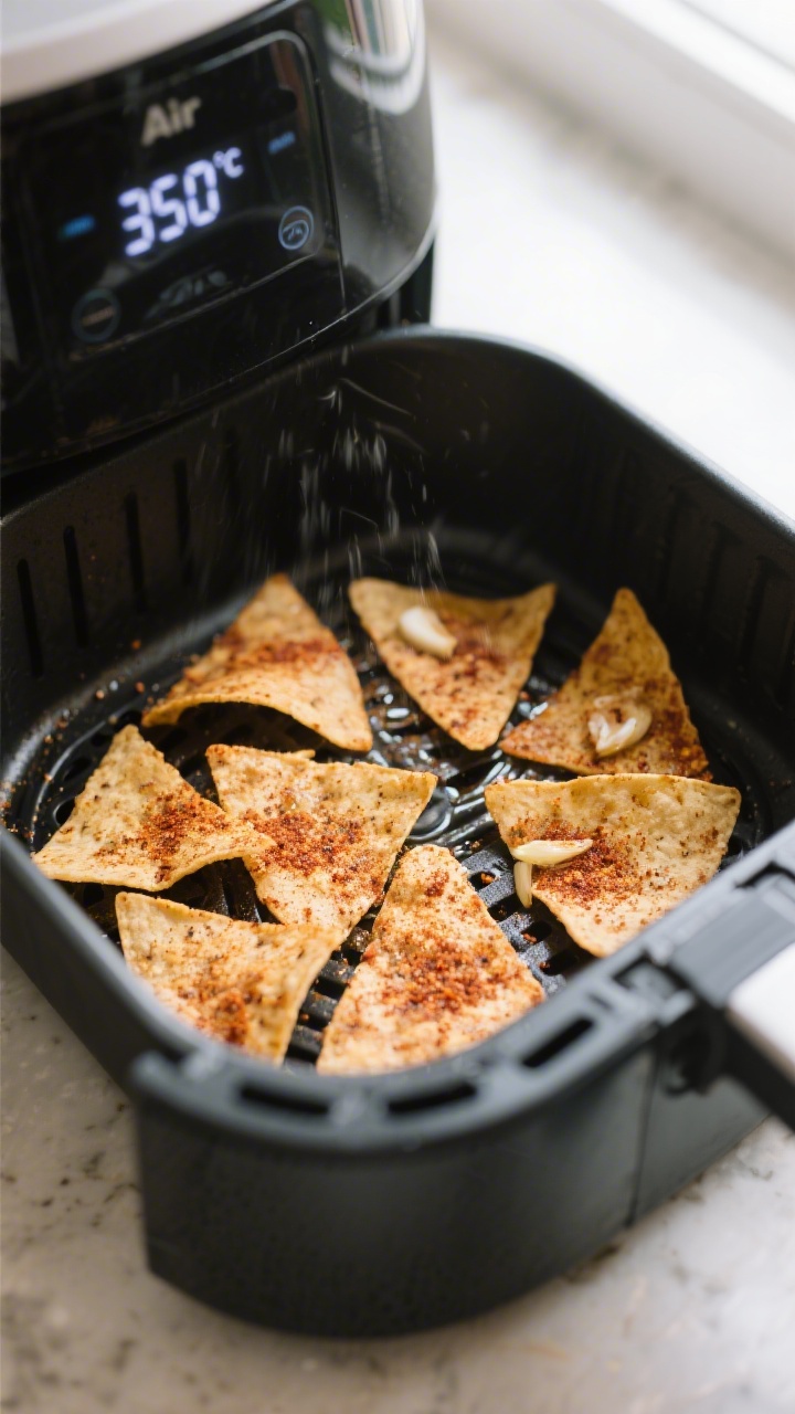 Cooking process hero: Air fryer basket arranged with a single layer of seasoned tortilla wedges (lig