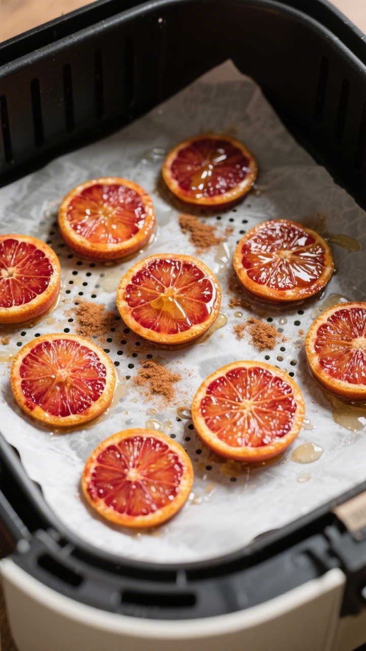 Cooking process image inside the air fryer: single layer of prepared blood orange rounds spaced even