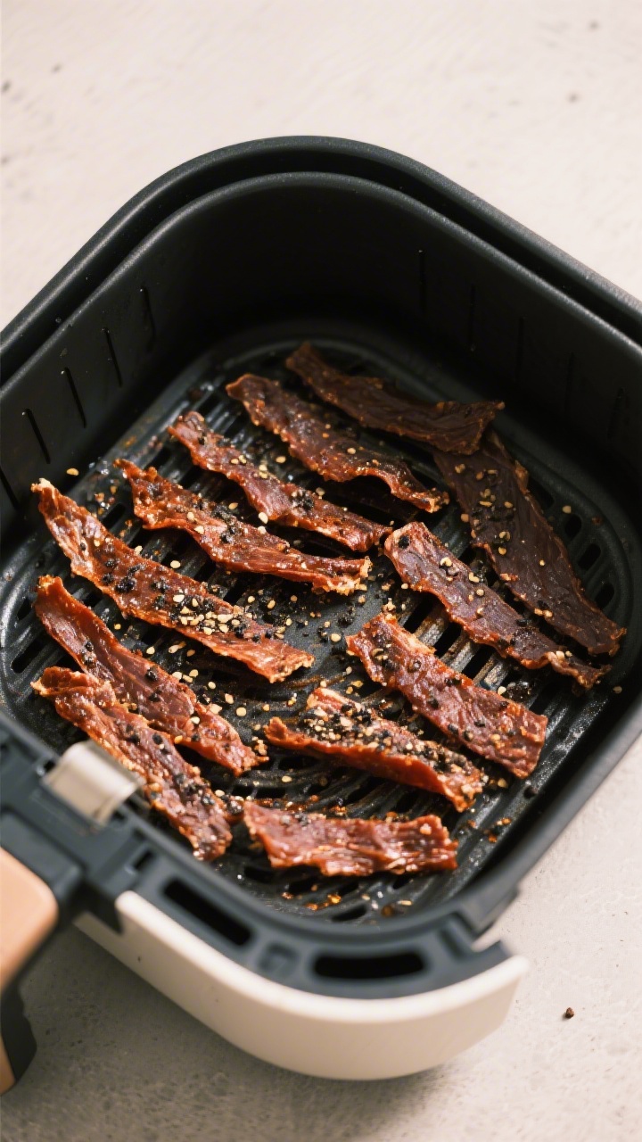 Cooking process: Jerky strips arranged in a single layer inside an air fryer basket, evenly spaced w