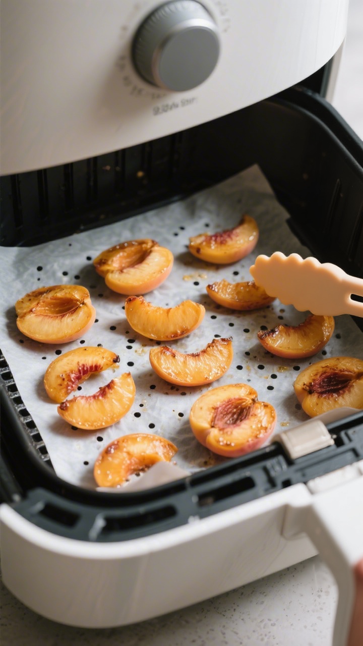 Cooking process: Mid-cook overhead shot inside the air fryer at 250°F, neatly arranged single layer
