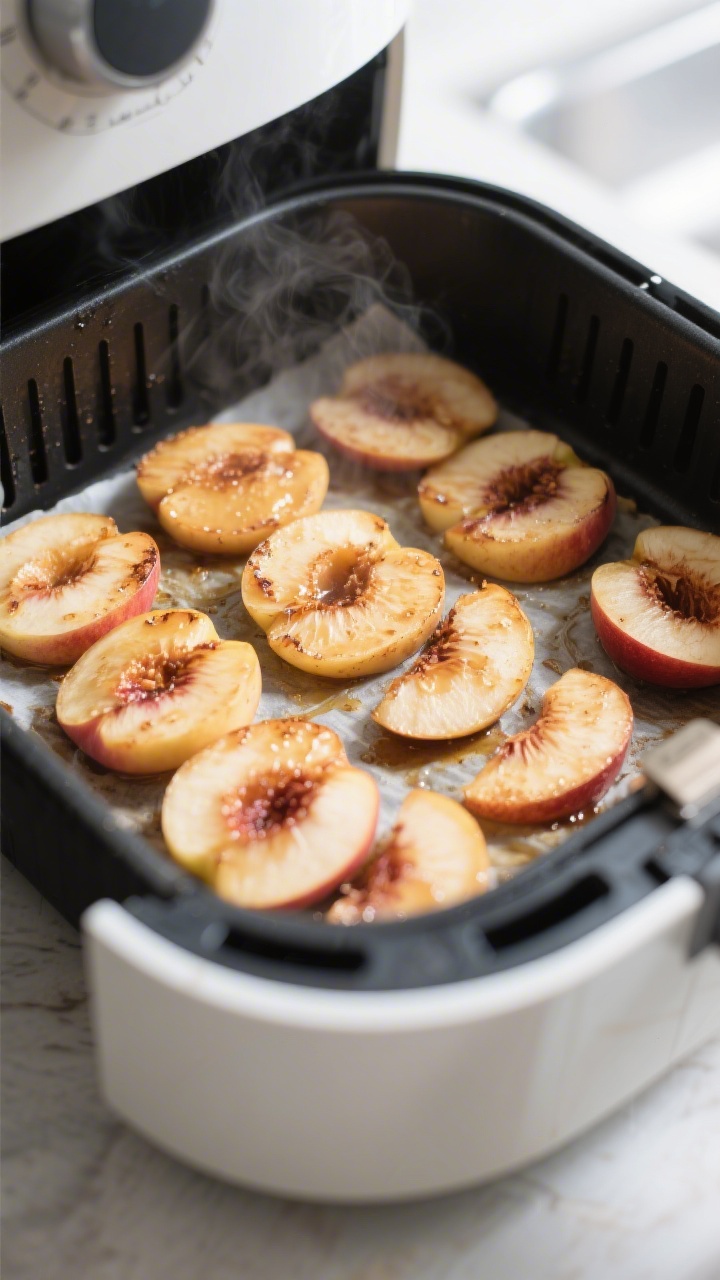 Cooking process: Nectarine slices arranged in a single layer inside an open air fryer basket, halfwa