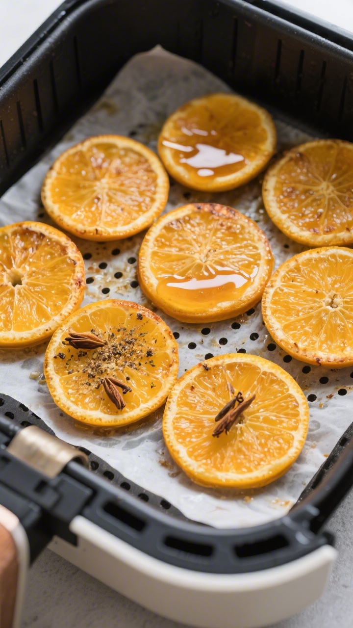 Cooking process: Orange rounds arranged in a single layer inside an air fryer basket lined with perf