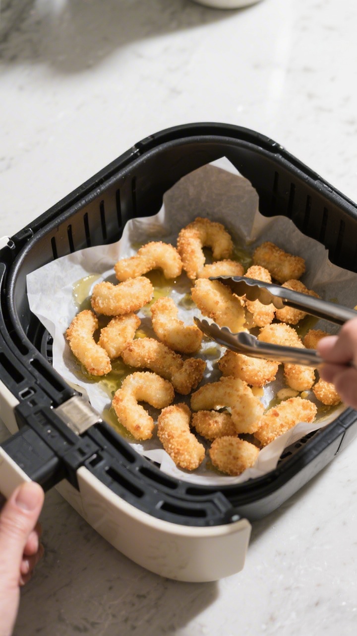 Cooking process: Overhead shot of a preheated air fryer basket at 375°F loaded with a single layer