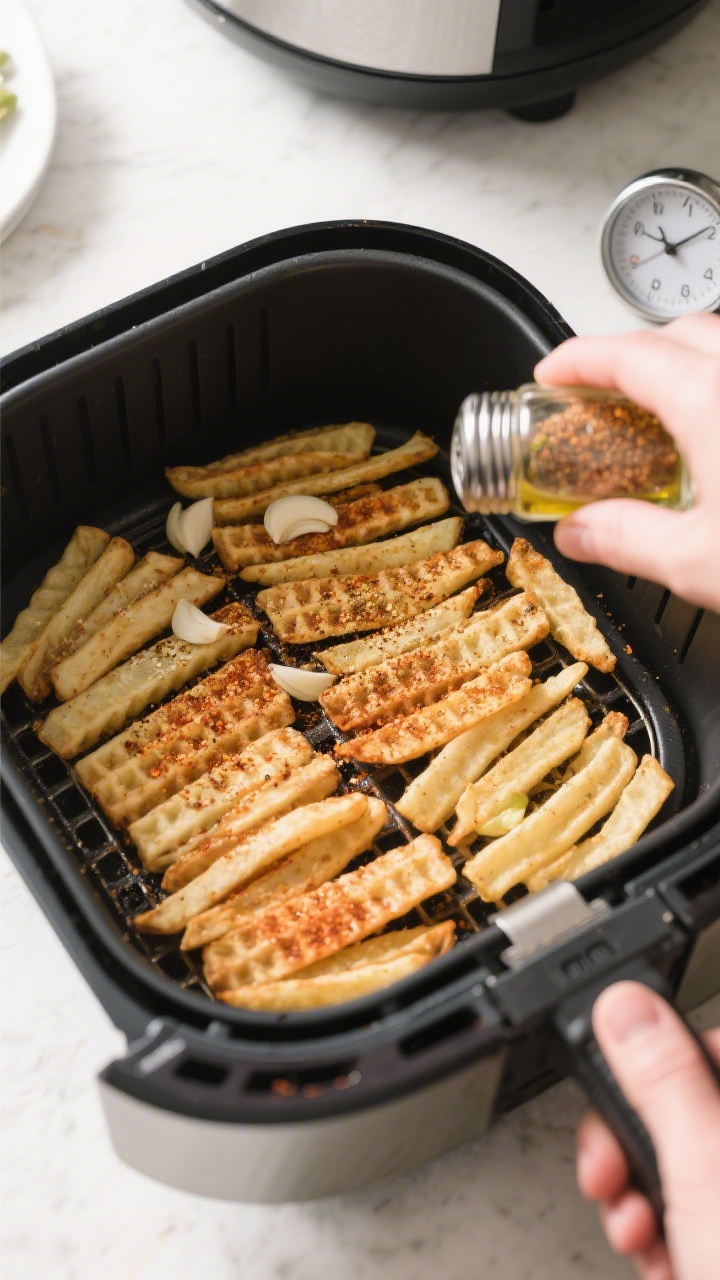 Cooking process: Overhead shot of a preheated air fryer basket at 400°F loaded with a single, space
