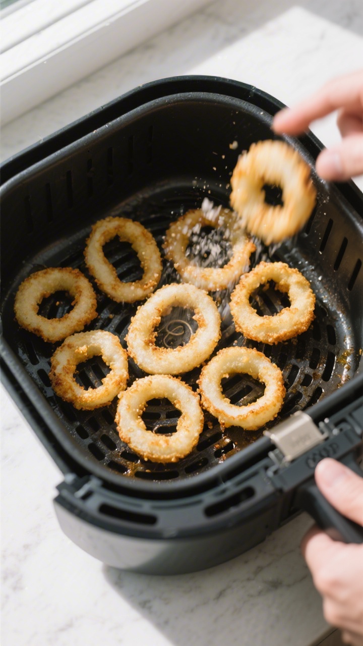 Cooking process: Overhead shot of a preheated air fryer basket at 380°F filled with a single layer