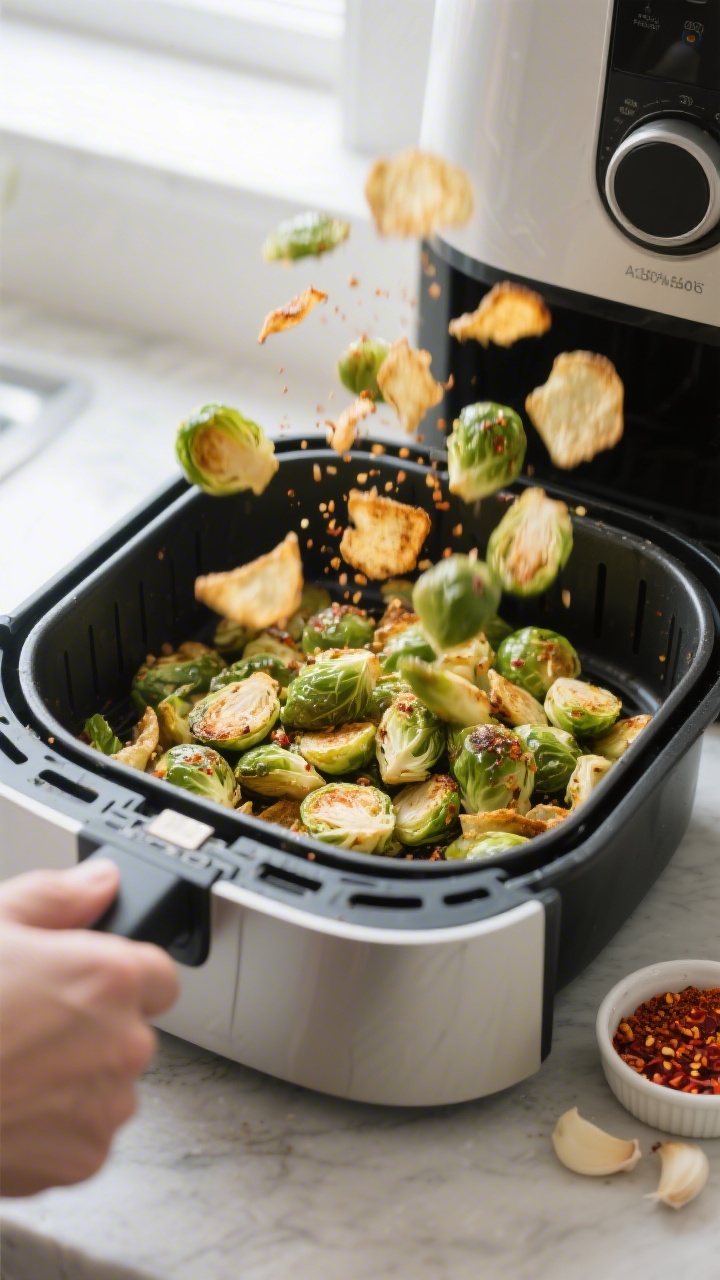 Cooking process: Overhead shot of a preheated air fryer basket at 350–360°F mid-cook, a thin, loo