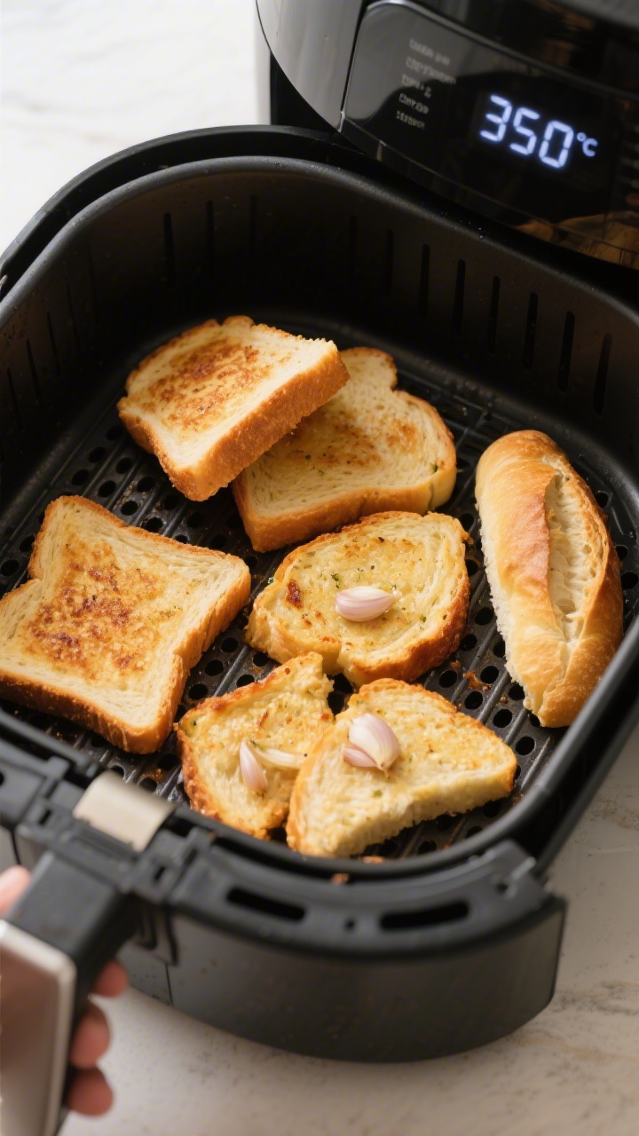 Cooking process: Overhead shot of an air fryer basket with a single layer of assorted garlic breads