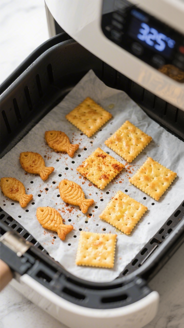 Cooking process: Overhead shot of an air fryer basket lined with perforated parchment, a single laye