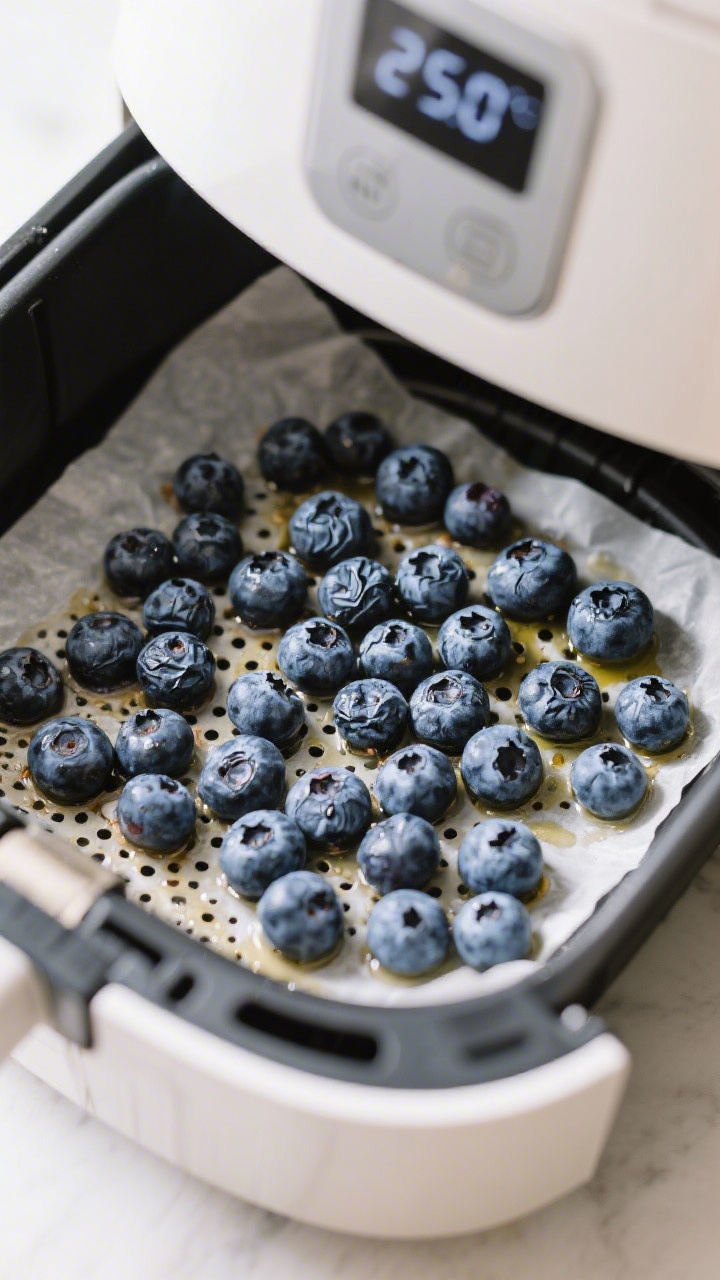 Cooking process: Overhead shot of blueberries mid-dry in an air fryer basket at 250°F, arranged in