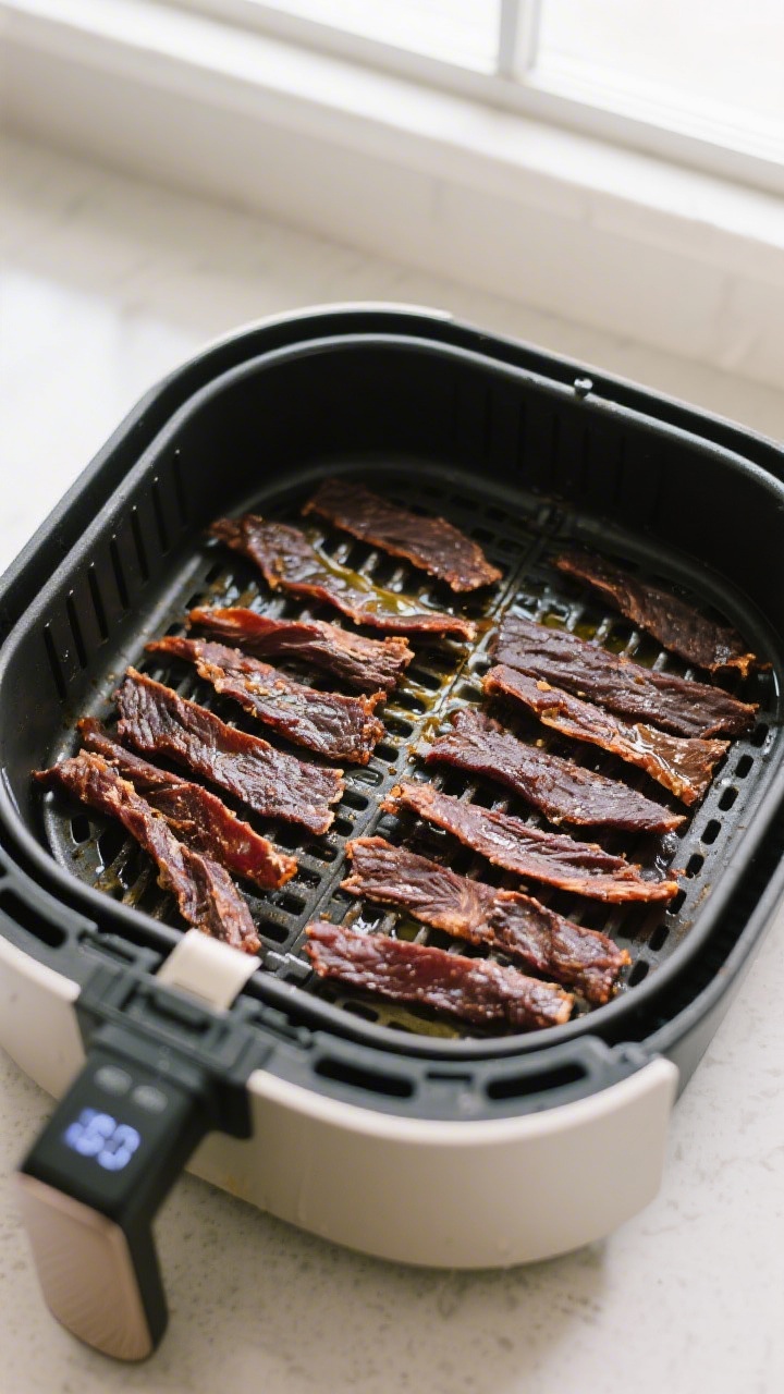 Cooking process: Overhead shot of elk jerky strips arranged in a single layer in an air fryer basket