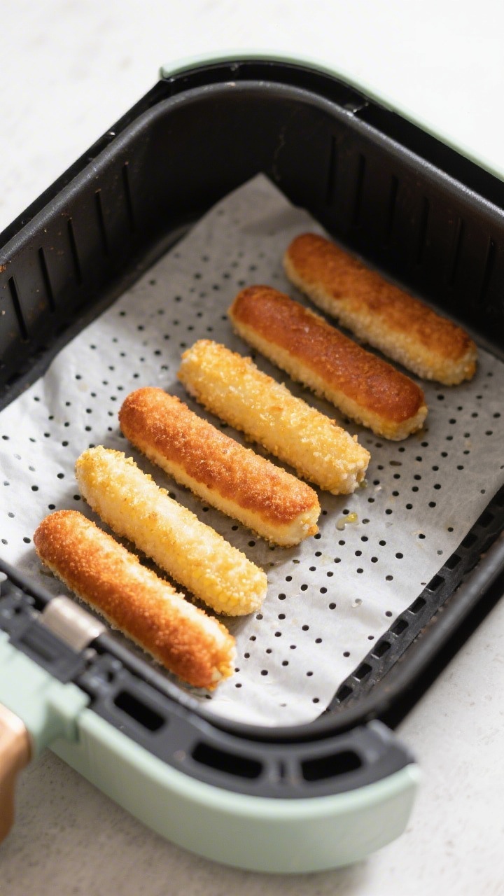 Cooking process: Overhead shot of frozen corn dogs arranged in a single layer in a preheated basket-