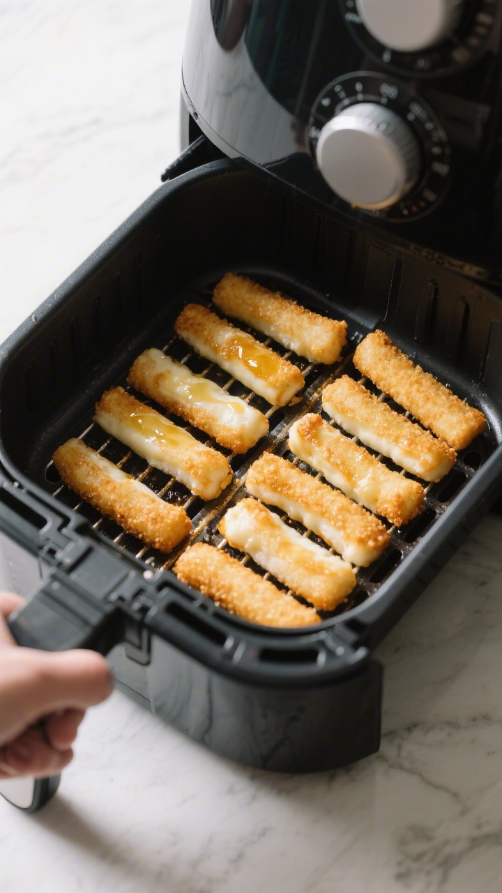 Cooking process: Overhead shot of frozen mozzarella sticks arranged in a single layer in an open air