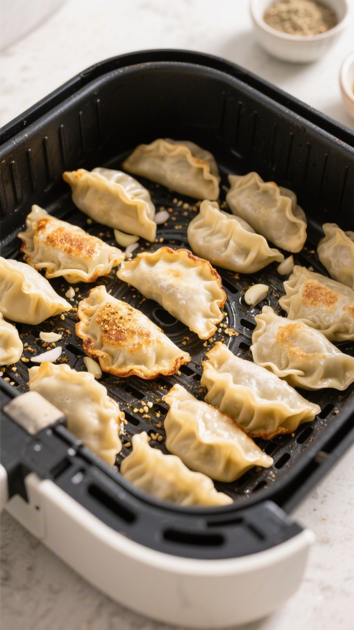 Cooking process: Overhead shot of frozen pierogies arranged in a single layer in an air fryer basket