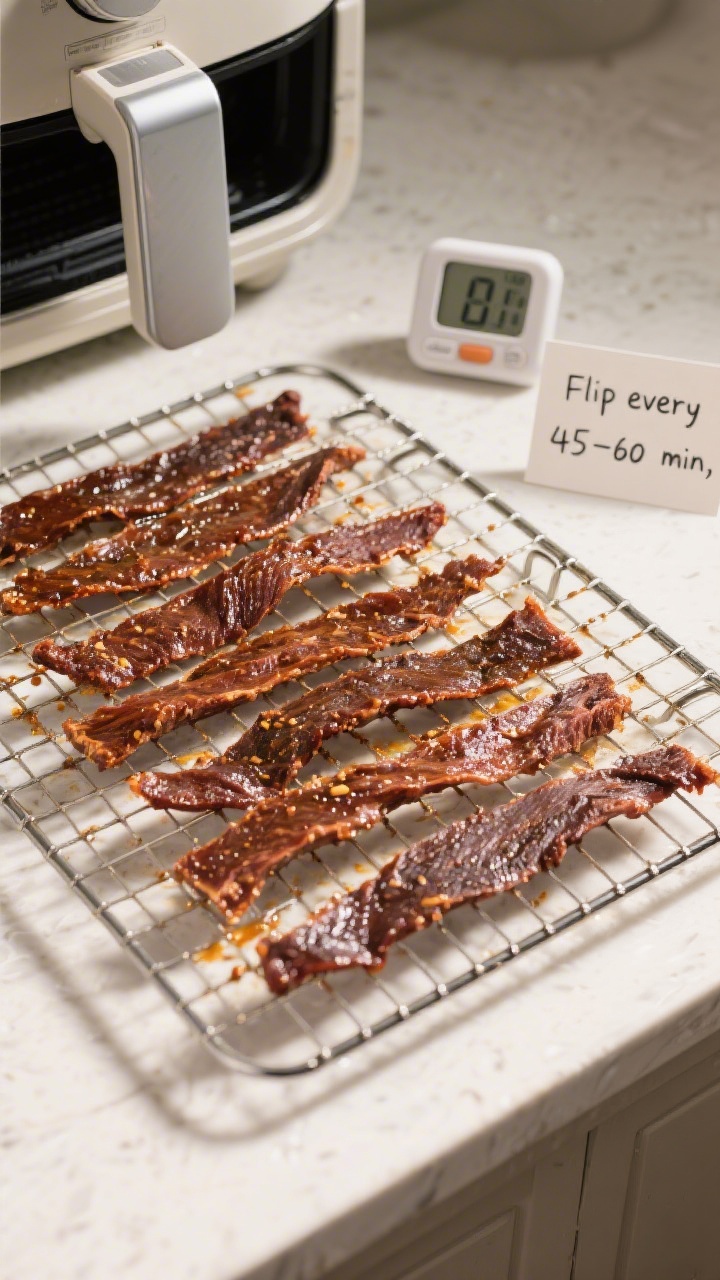 Cooking process: Overhead shot of marinated beef jerky strips arranged in a single layer on an oiled