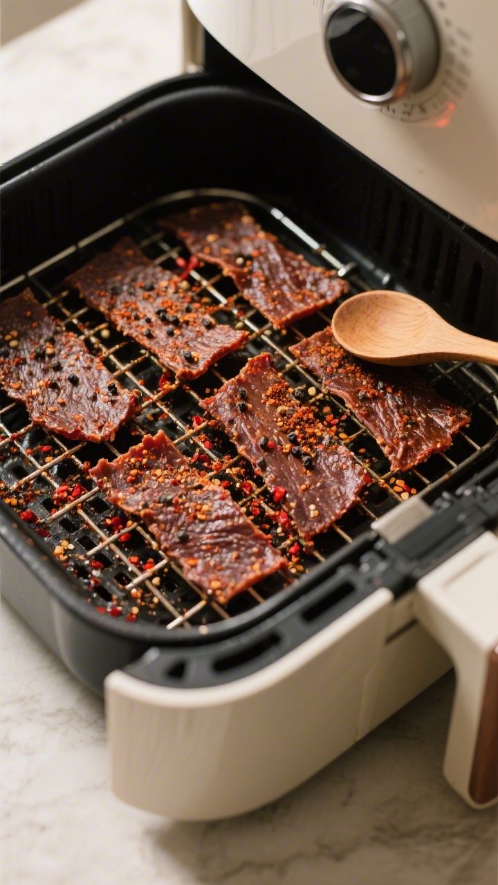 Cooking process: Overhead shot of seasoned beef jerky slices arranged in a single layer in an air fr