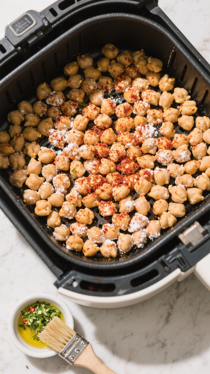Cooking process: Overhead shot of seasoned chickpeas arranged in a single layer inside a preheated a