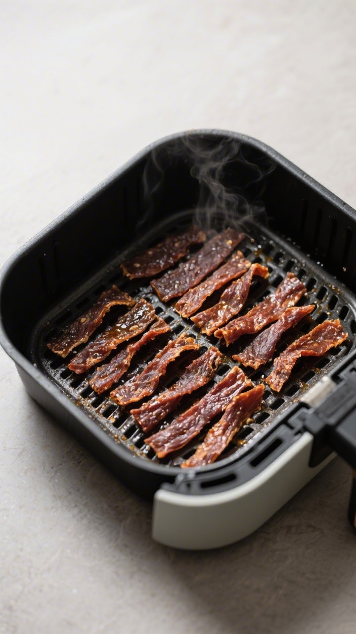 Cooking process: Overhead shot of the air fryer basket mid-dry at low temperature (170–180°F), ev