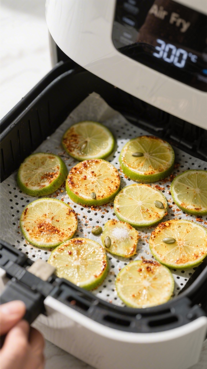 Cooking process: Overhead shot of thin lime rounds arranged in a single layer inside an air fryer ba