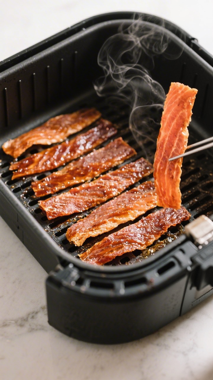 Cooking process: Salmon jerky strips arranged in a single, non-overlapping layer inside an air fryer