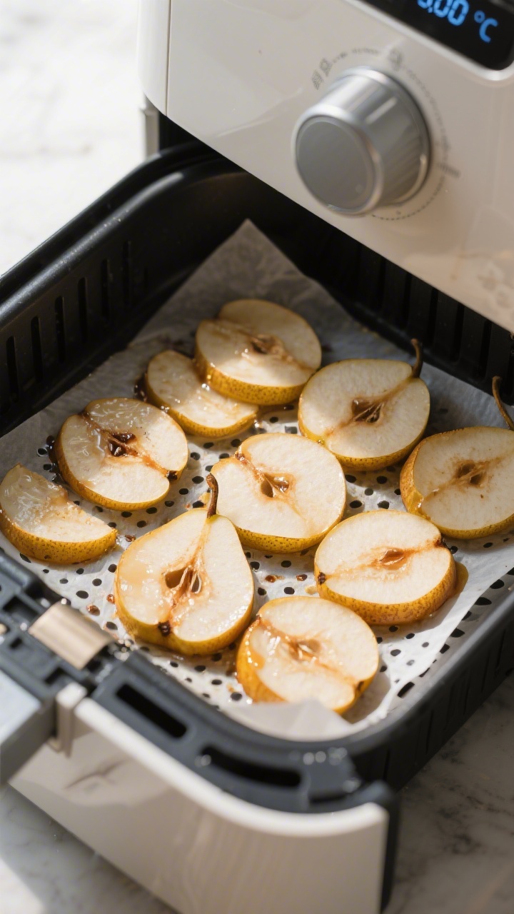 Cooking process scene: inside an open air fryer basket lined with perforated parchment, a single lay