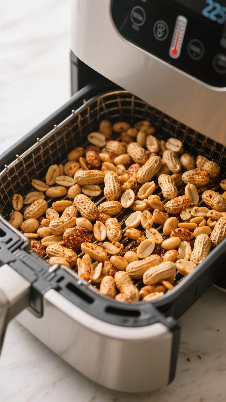 Cooking process scene: single, even layer of seasoned peanuts roasting in an open air fryer basket a