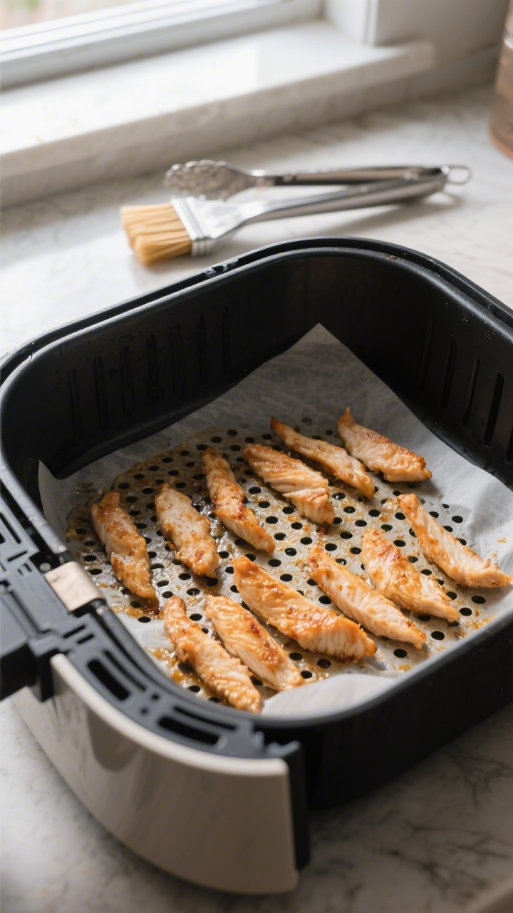 Cooking process shot: inside an air fryer basket lined with a perforated liner, thin, evenly spaced