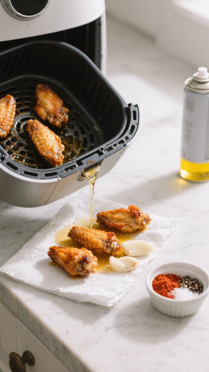 Cooking process shot: mid-cook drain-and-blot step captured overhead—air fryer basket tilted over