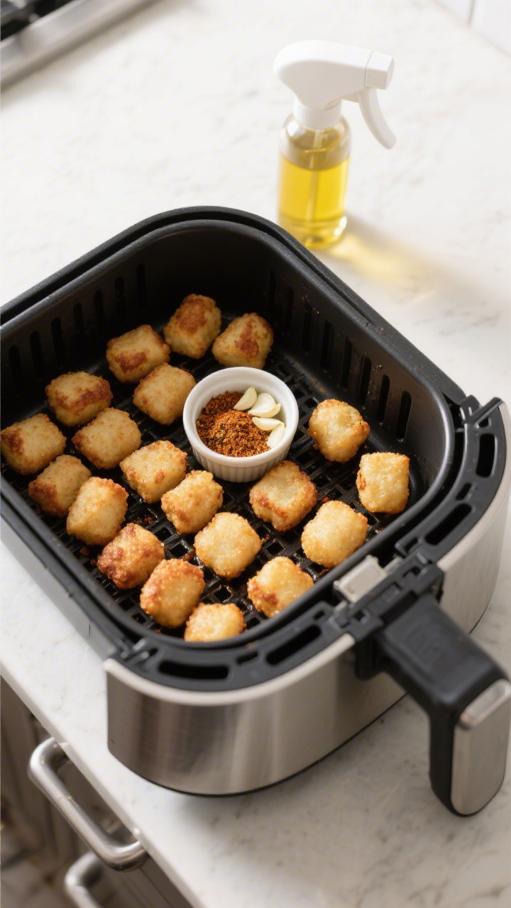 Cooking process shot: Overhead view of tater tots arranged in a single layer inside an open air frye