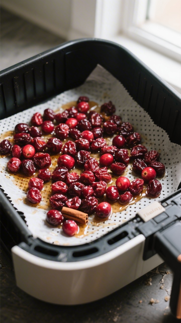 Cooking process shot: single-layer cranberries mid-dry in an air fryer on a perforated parchment lin