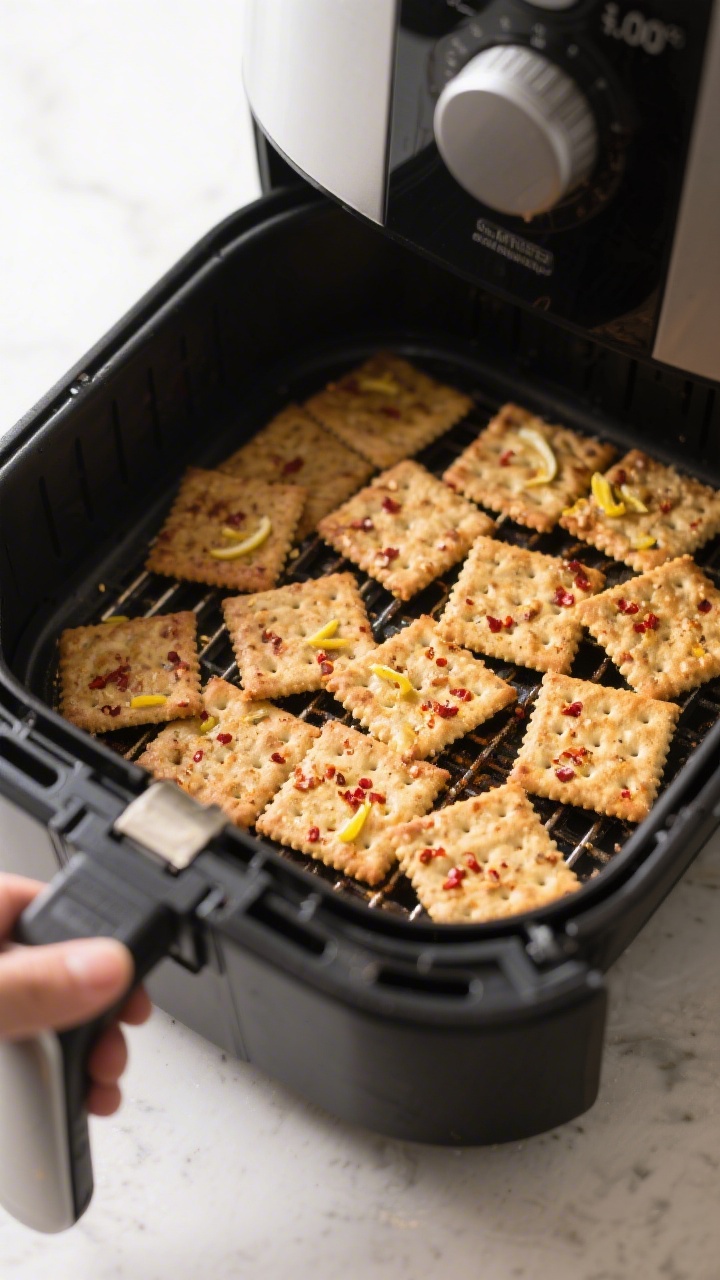 Cooking process shot: single layer of fully coated crackers in an air fryer basket at 300°F mid-coo