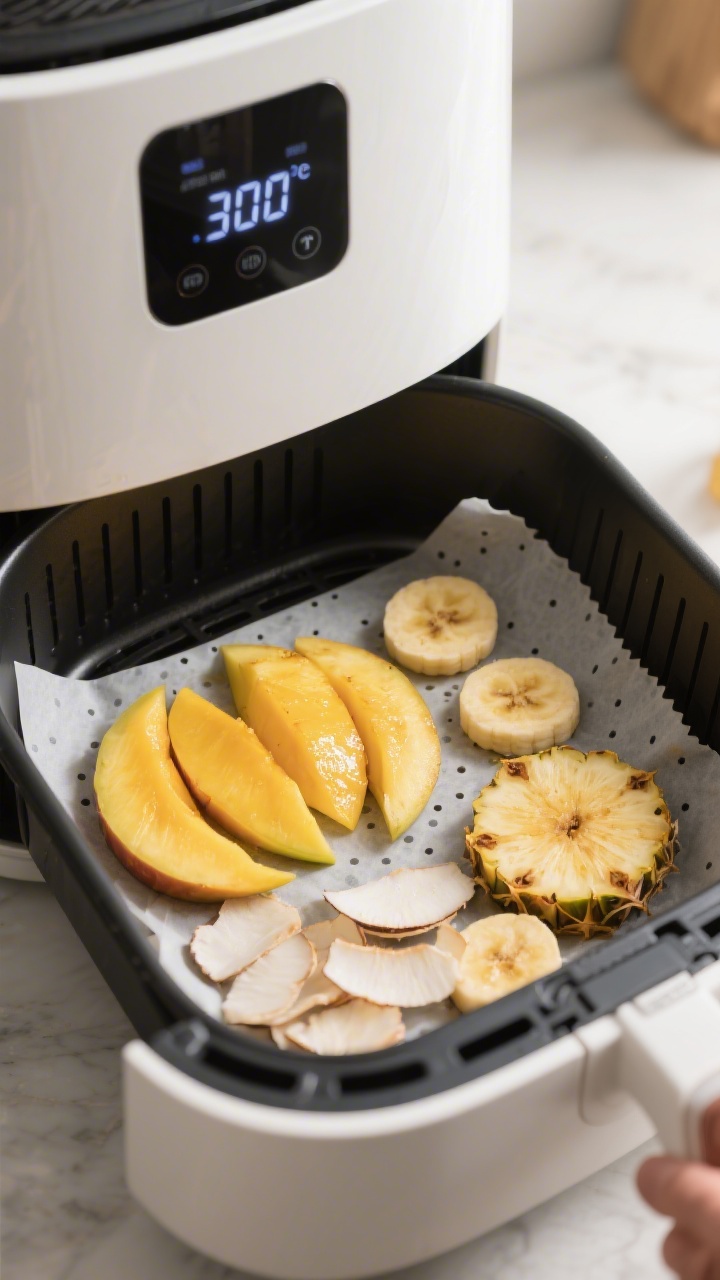 Cooking process shot: single layer of thin fruit slices arranged in an air fryer basket with a perfo