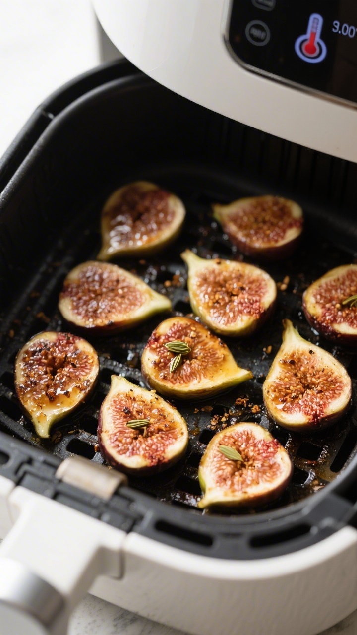 Cooking process shot: Sliced, seasoned fig rounds arranged in a single layer in an air fryer basket