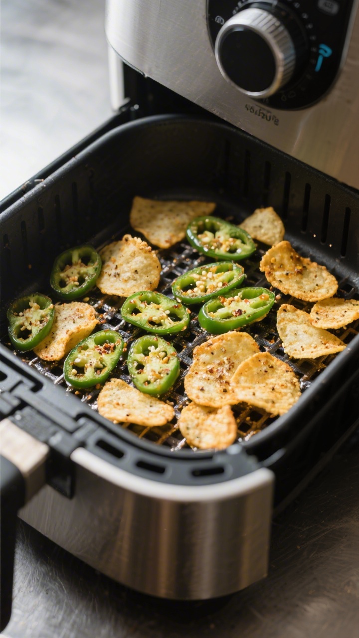 Cooking process: Single layer of seasoned jalapeno slices in an open air fryer basket at 350°F, mid